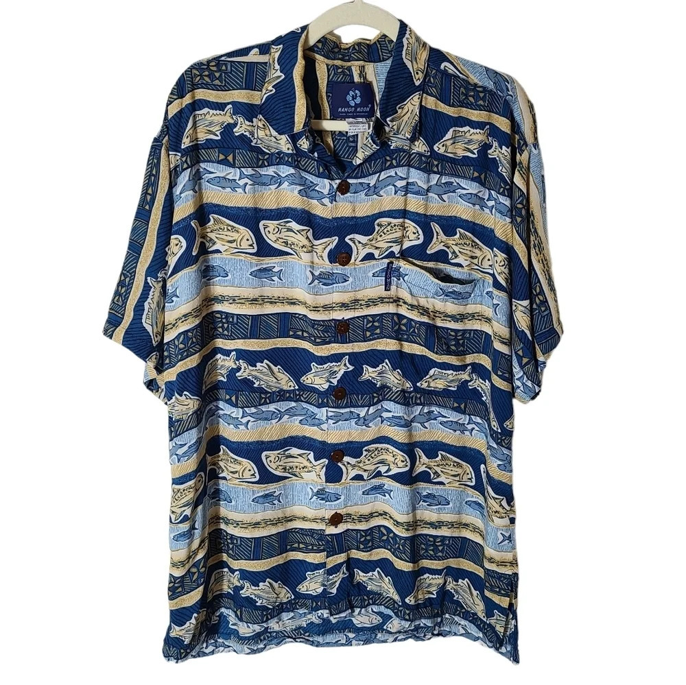 Mango‎ Moon vintage men's Hawaiian button down rayon fish shirt top size Medium